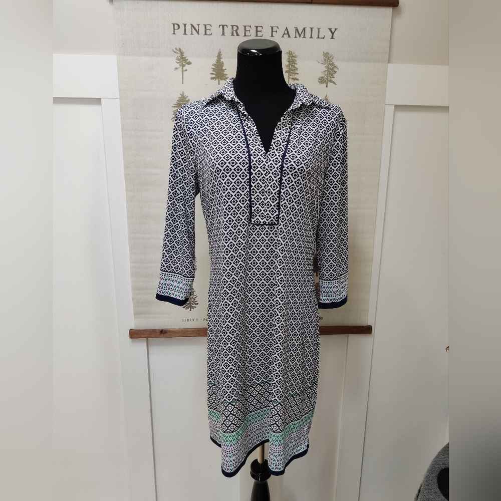 Max Studio Navy Blue Geometric Print Tunic Dress XL - 3/4 Sleeve Shift